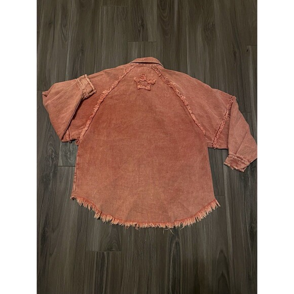 Anthropologie POL Jacket Women’s M Peach Oversized Denim Distressed 3/4 Length - Picture 2 of 10